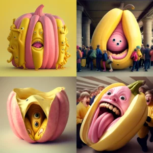 Prompt Pink person in big yellow banana smiling/detailed