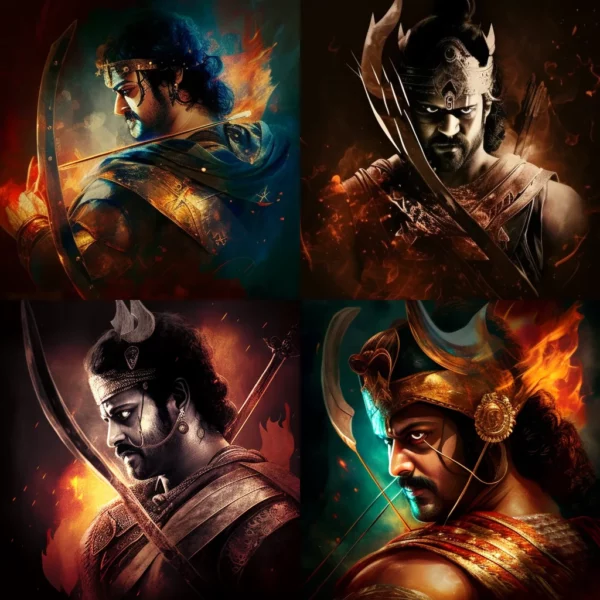 Prompt Prabhas as king with bow fire background