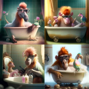 Prompt Proboscis Monkey camel playing Uno in bathtub