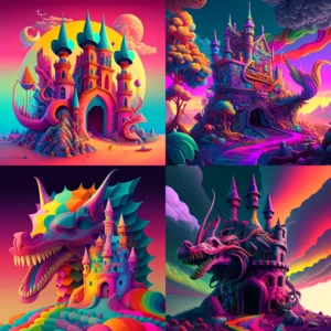 Prompt Psychedelic medieval castle dragon knights trippy surreal