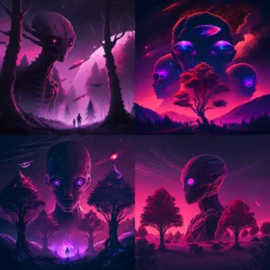 Prompt Purple Aliens Red Trees and Night Landscape