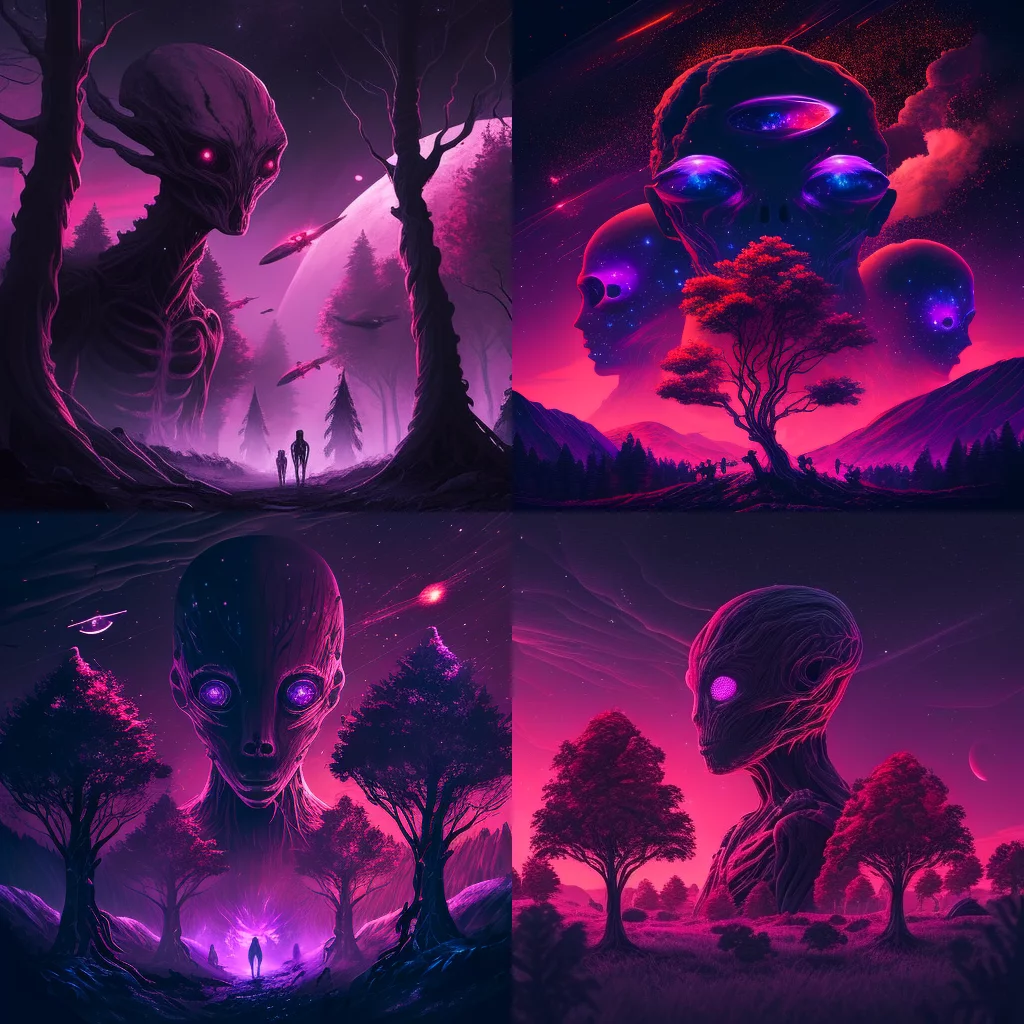Purple Aliens Red Trees and Night Landscape