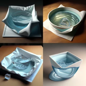Prompt Realistic bowl w/fabric cube expanding into sheet