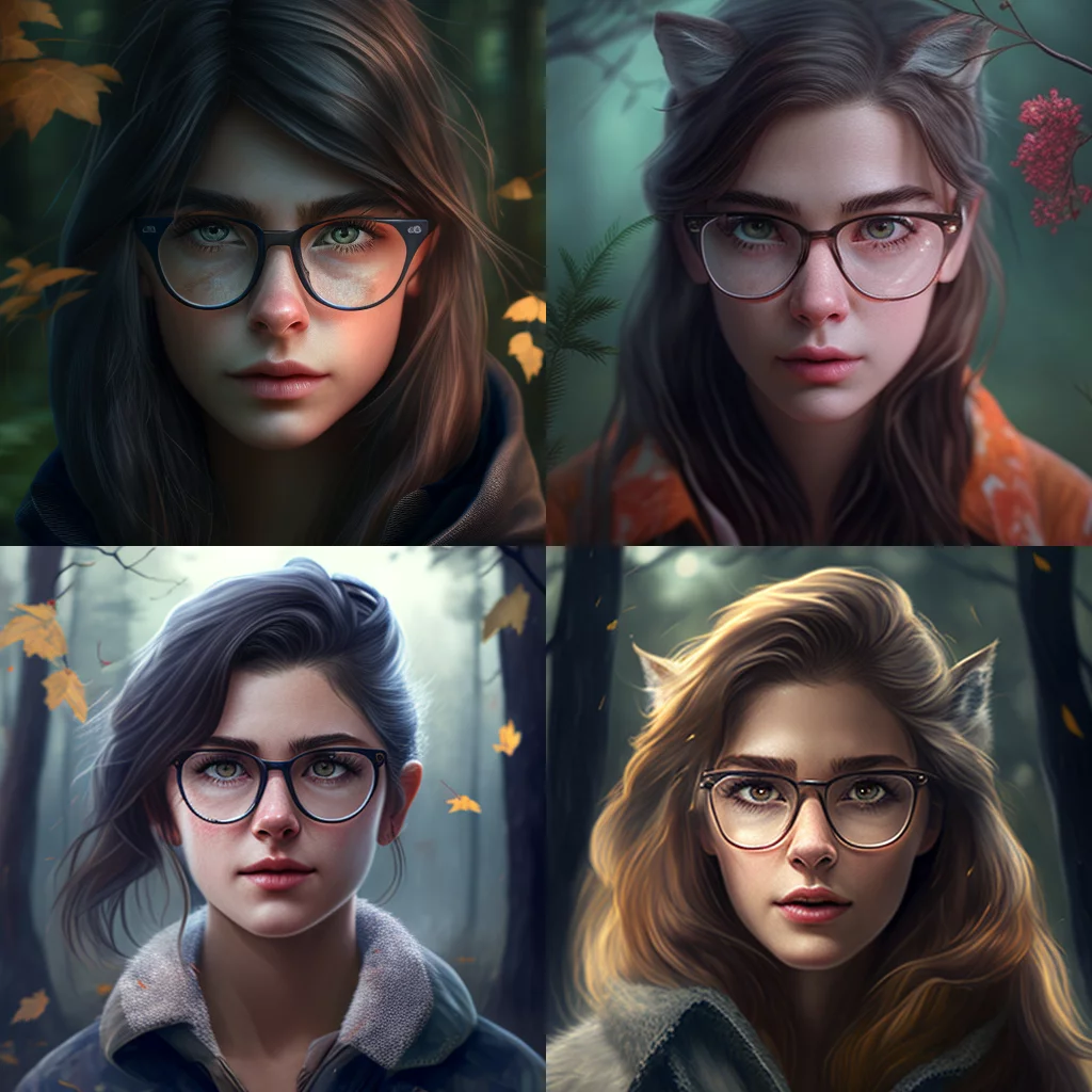 Realistic wolf glasses girl in woods /
