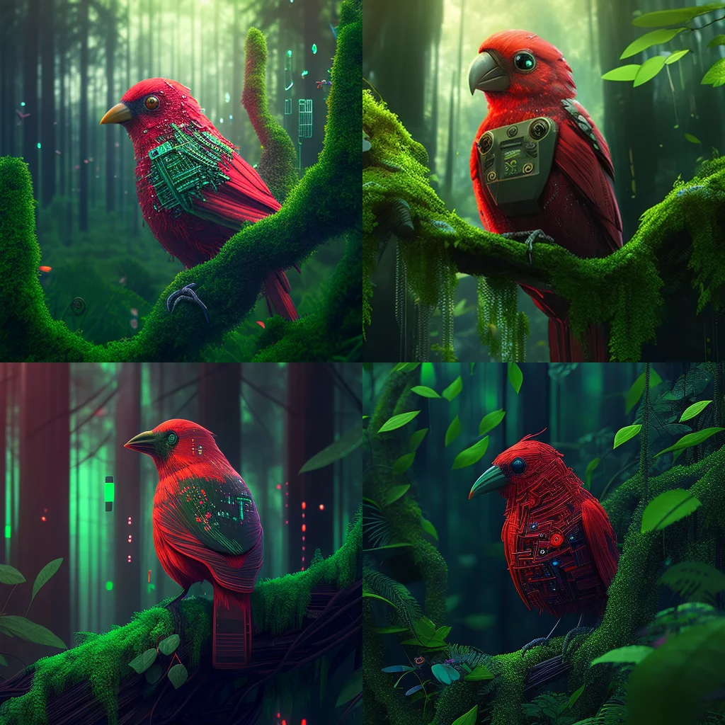 Red bird in green forest
