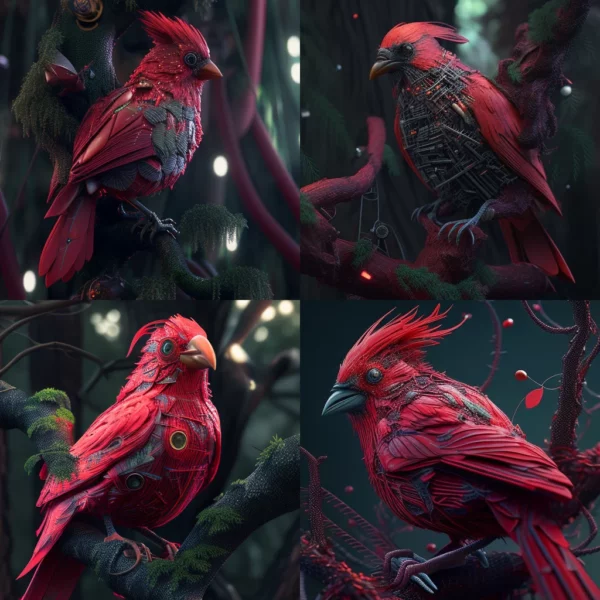 Prompt Red cyber bird detailed