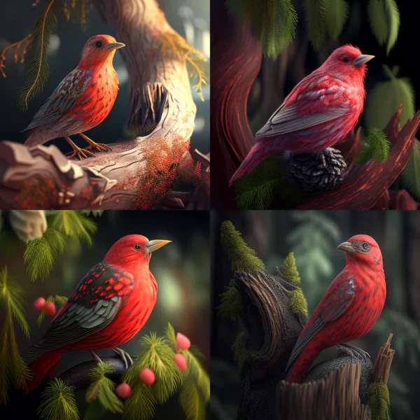 Prompt Red cyber bird sitting on tree