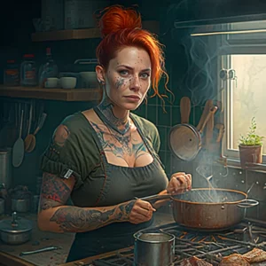 Prompt Red-haired housewife cooking dinner