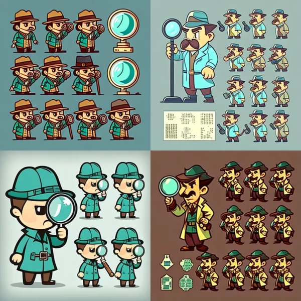Prompt Retro engineer detective sprite sheet high quality