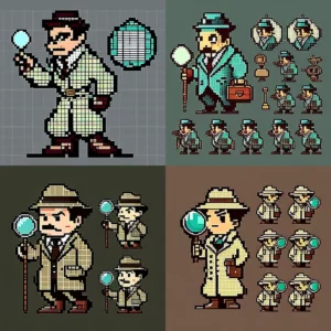 Prompt Retro engineer detective sprite sheet magnifying glass
