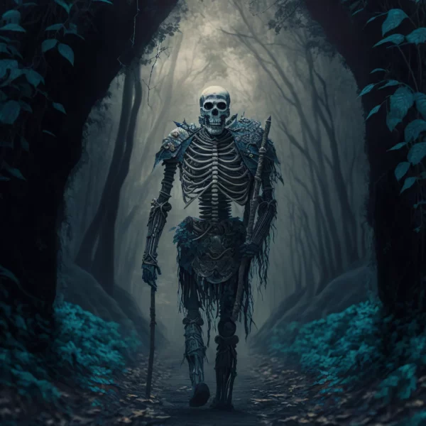 Prompt Scary skeleton warrior guarding forest path
