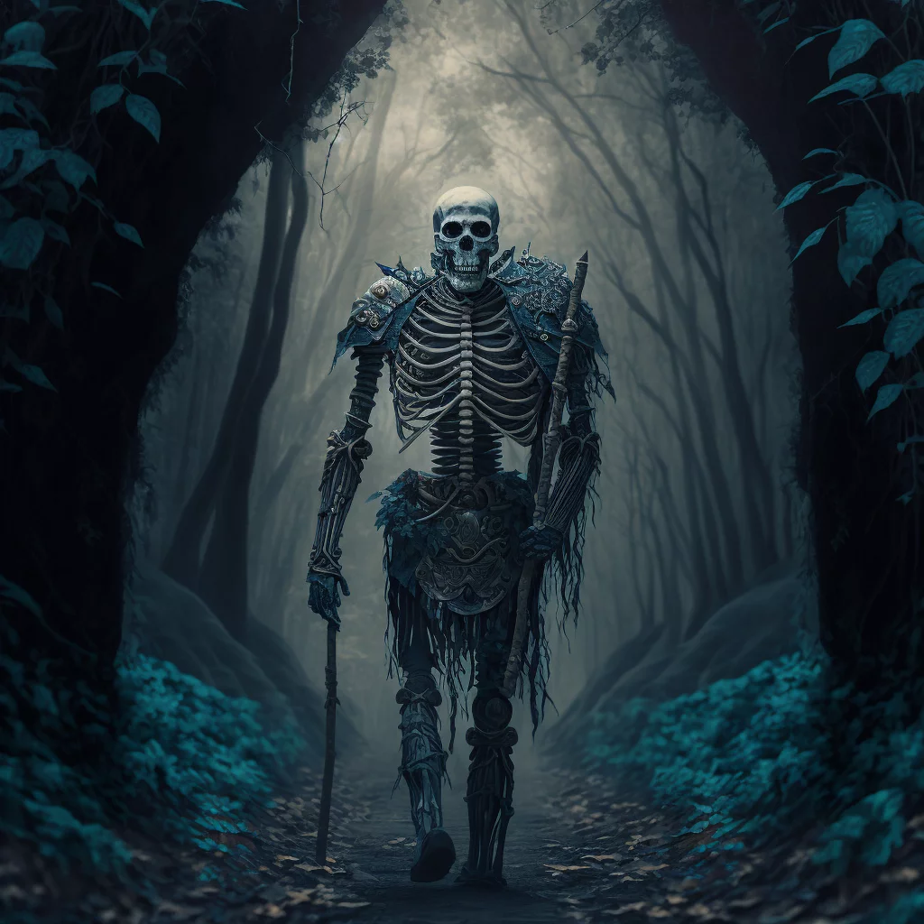 Scary skeleton warrior guarding forest path