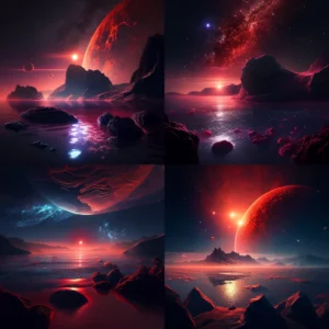 Prompt Sea in galaxy with red sun in photorealistic