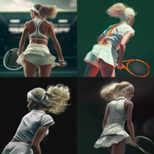 Prompt Short skirt girl playing tennis bent back