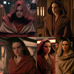 Prompt Star Wars screencaps Rey Sith robes 47DD chest tiny waist huge thighs