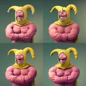 Prompt Stocky pink man in banana costume detailed realistic