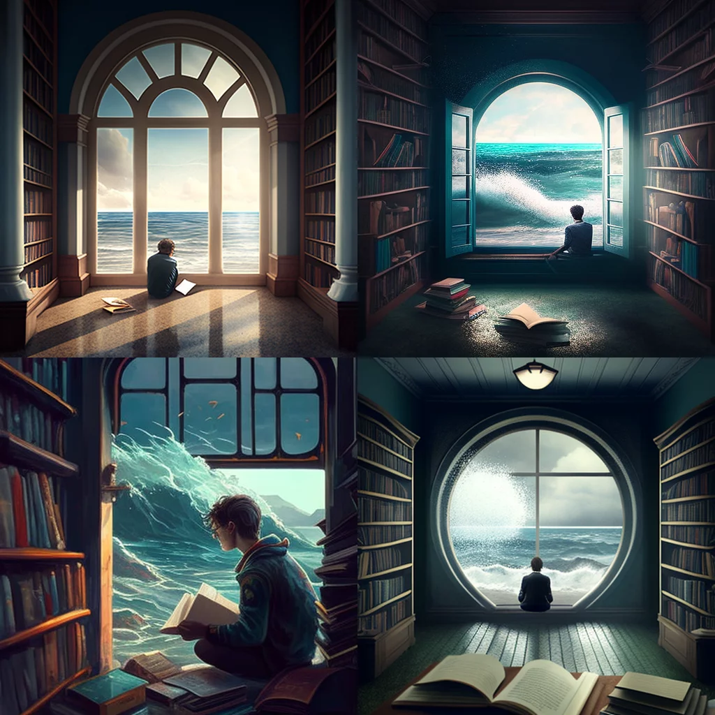 Student reading in library facing sea