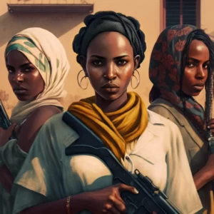 Prompt Sudanese women mafia with weapons