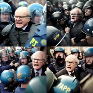 Prompt Swedish king fights police realistic photo