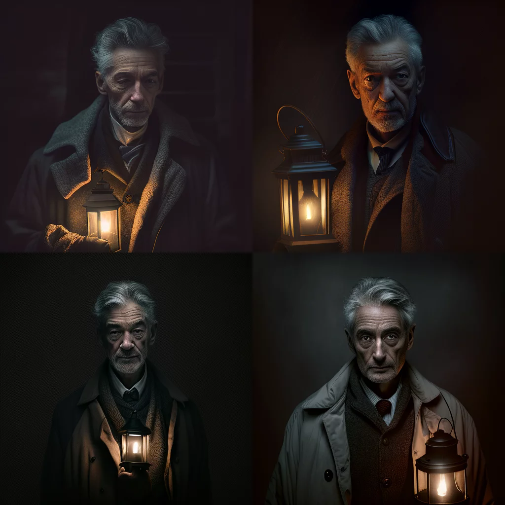 Thin Coat Tie Lantern Man Gray Hair Realistic