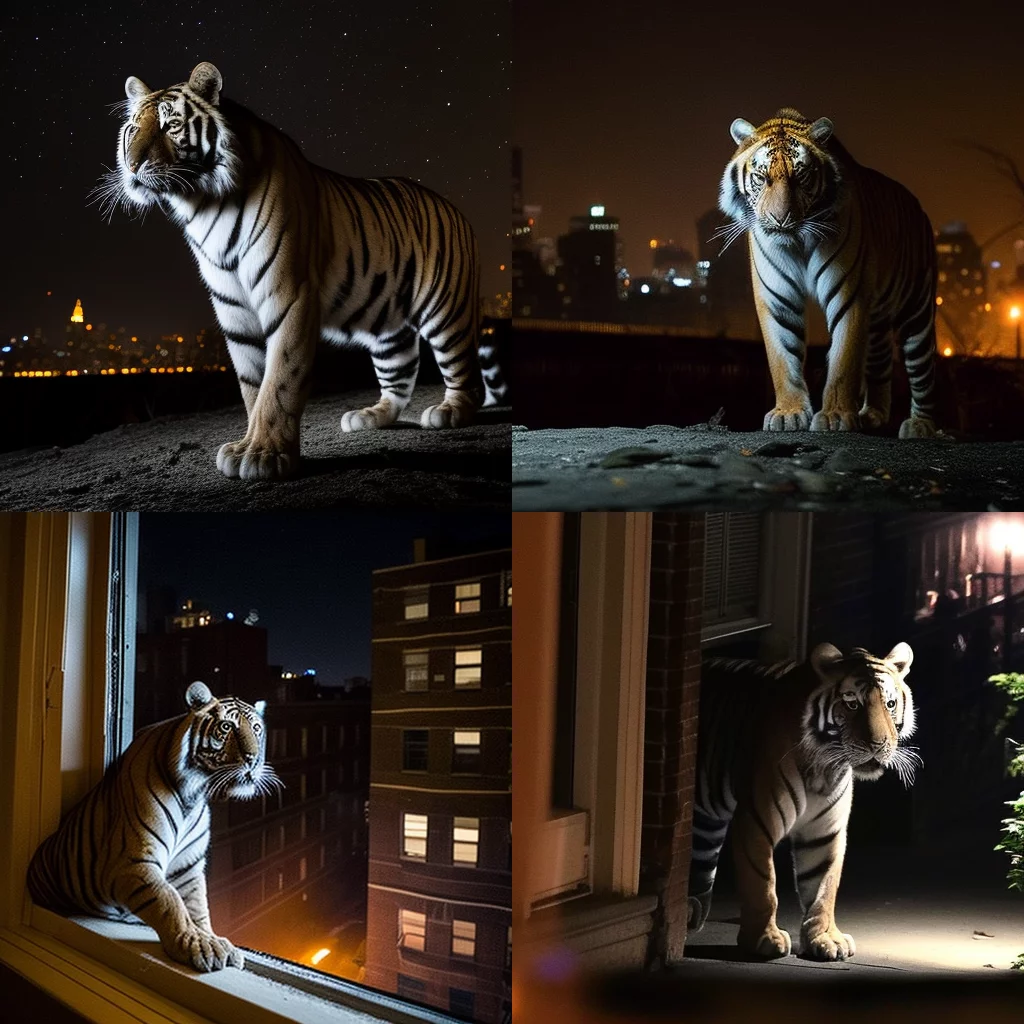 Prompt Tiger walks NYC alley night stars HD