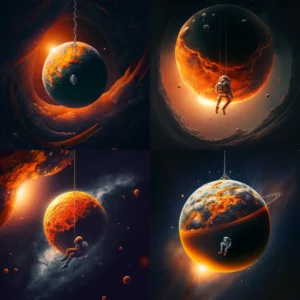 Prompt Tiny Man Floating in Space with Orange Planet and Chain