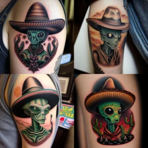 Prompt Traditional style alien cowboy tattoo