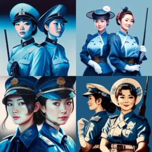 Prompt Two Jap policewomen riding whip smiling