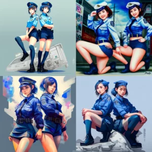 Prompt Two Jap women in policewoman outfits art