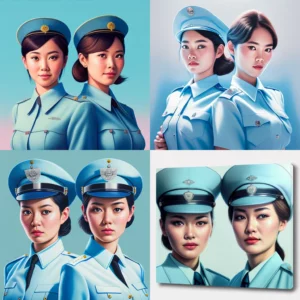 Prompt Two Japanese policewomen pose in blue outfits