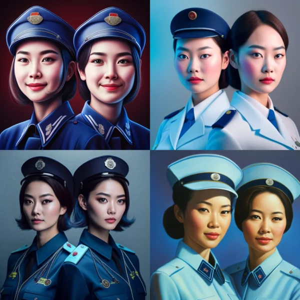 Prompt Two Japanese policewomen smile in blue outfits