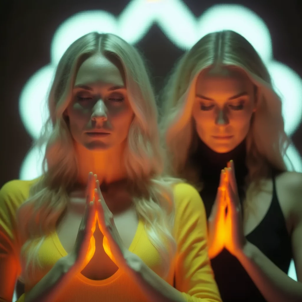 Two beautiful women meditating neon aura 9th dim photo-realistic