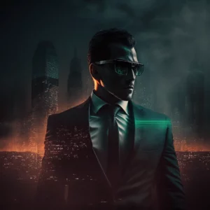 Prompt Tycoon in dark suit city hyper-realistic stylized 1000