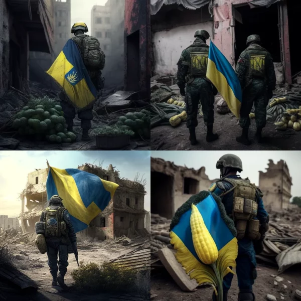 Prompt Vegetables military uniforms abandoned city flag of Ukraine