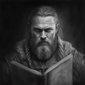 Prompt Viking holds book in pencil portrait
