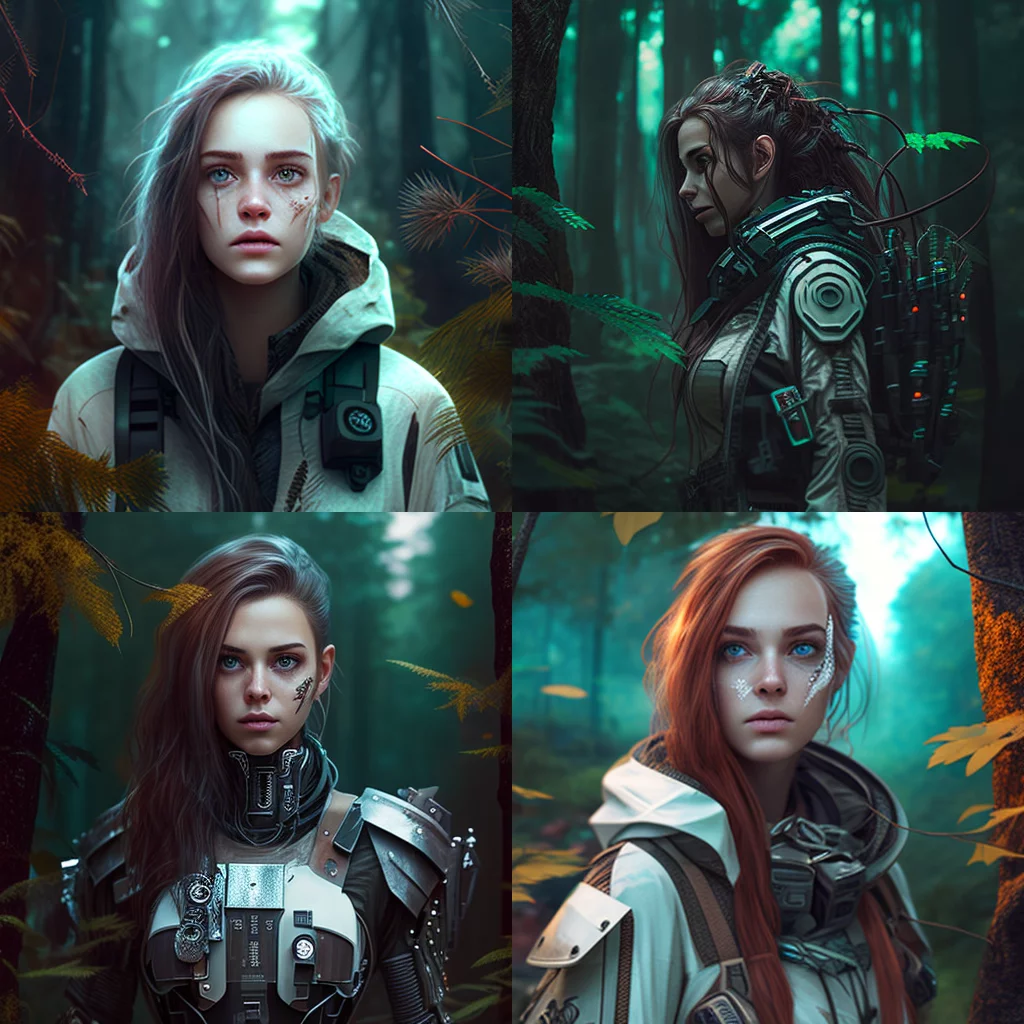 White girl in woods cyberpunk realistic /