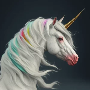 Prompt White unicorn with rainbow hair