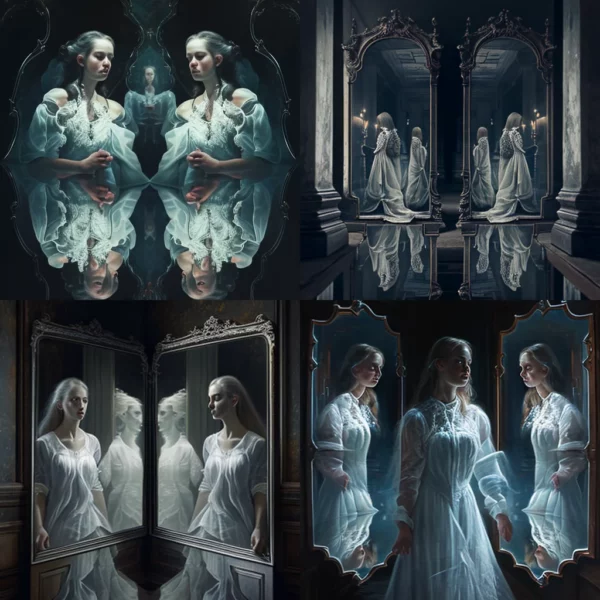 Prompt Women w/ ghost in each mirror reflection