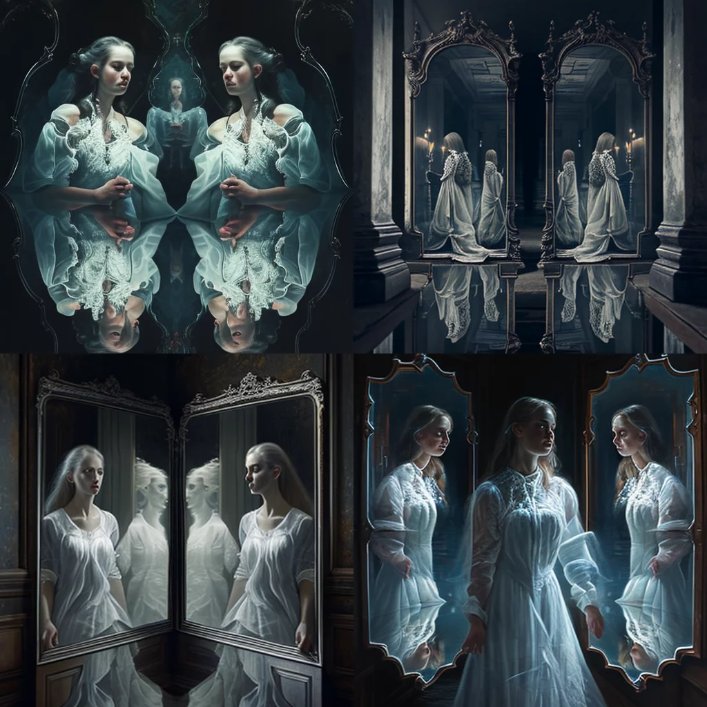Women w/ ghost in each mirror reflection