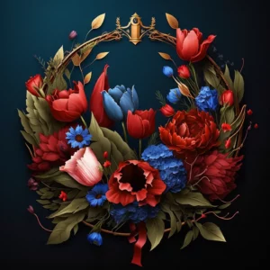 Prompt Wreath: red tulip red carnation blue lotus golden peach