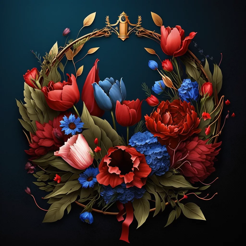 Wreath: red tulip red carnation blue lotus golden peach