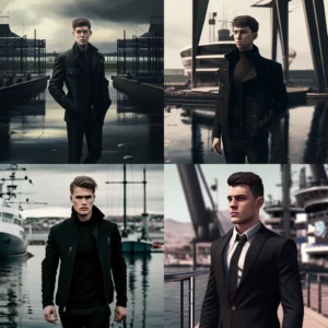 Prompt Young man at modern port with black outfit