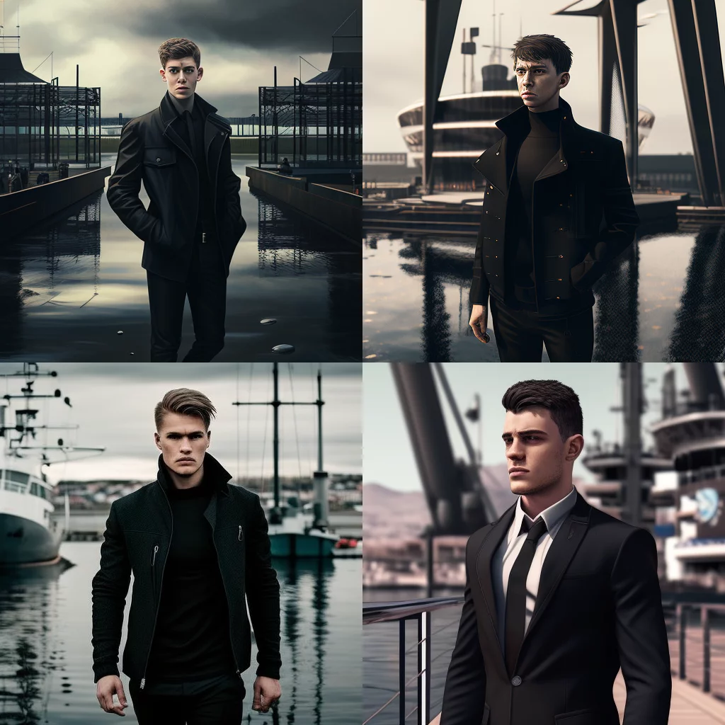 Young man at modern port with black outfit