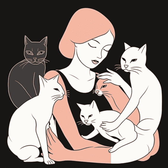 Whimsical Decorative Illustration: Women and Cats in Pastel Harmony