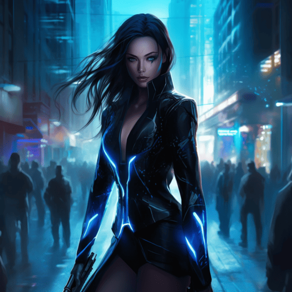 Create a striking digital painting of Nyx, the Blade Dancer, a powerful and mysterious female character in a futuristic city. She wears a sleek black suit with glowing blue accents, wields high-tech daggers, and moves with otherworldly intensity. Use this image for gaming graphics, promotional materials, or as inspiration for fan art. Let Nyx's sharp and precise movements bring life to your project.