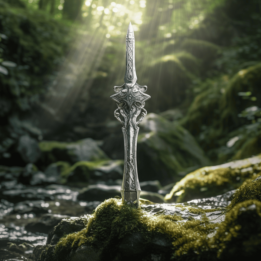 A beautiful King Arthur’s sword in an elven forest embedded