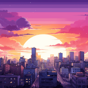illustration of a city scape, tall buildings, purple, sunset