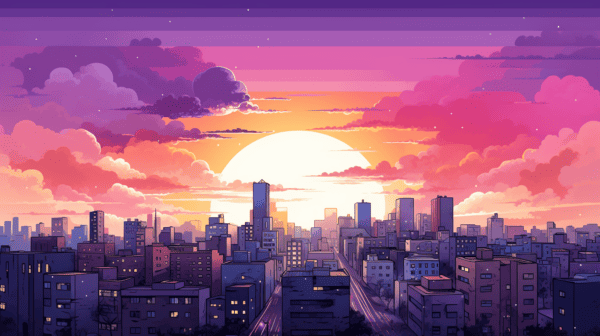 illustration of a city scape, tall buildings, purple, sunset