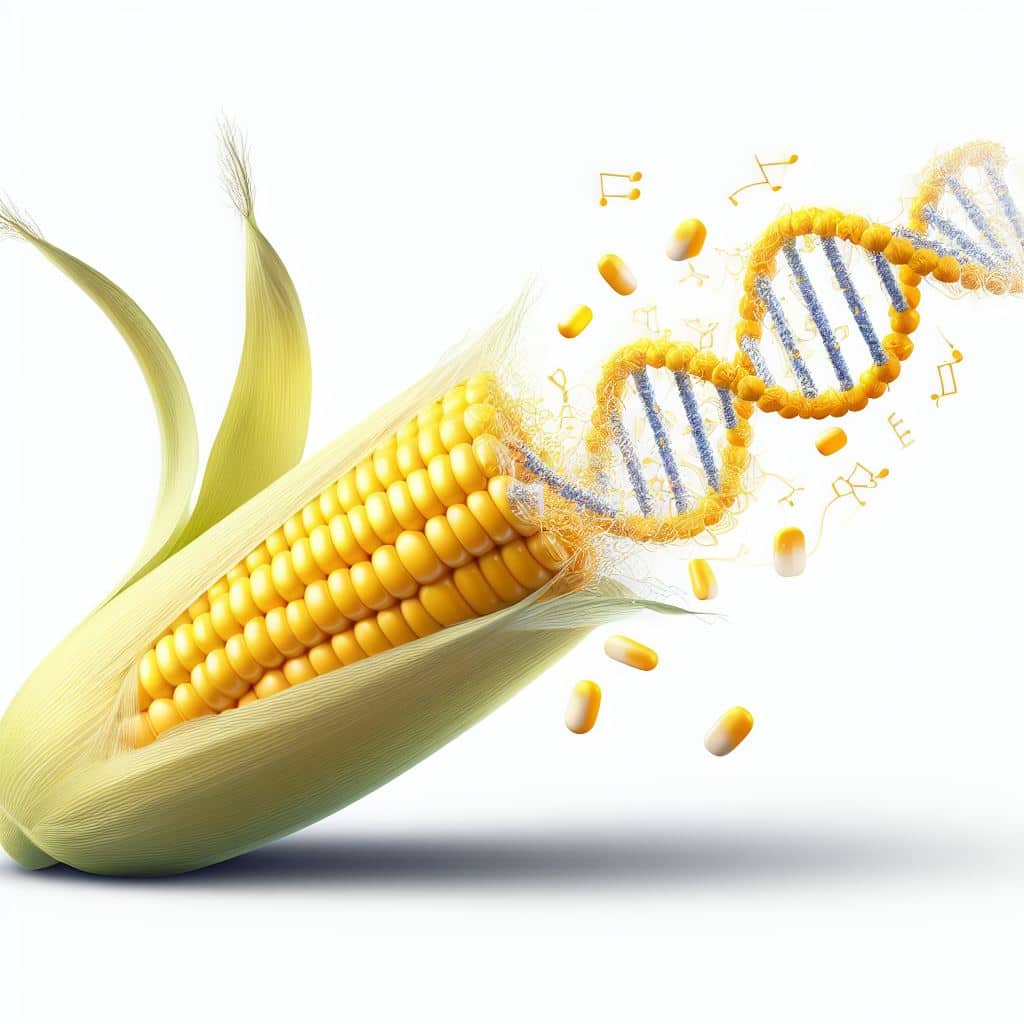 Genetically Modified Corn with DNA on white background