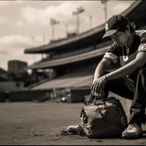 a baseball player sits on a brown bag in a baseball field, in the style of 1990s, boldly black and white, neo-plasticist, dark white and light emerald, dignified poses, mote kei, i can't believe how beautiful this is --ar 128:85** -